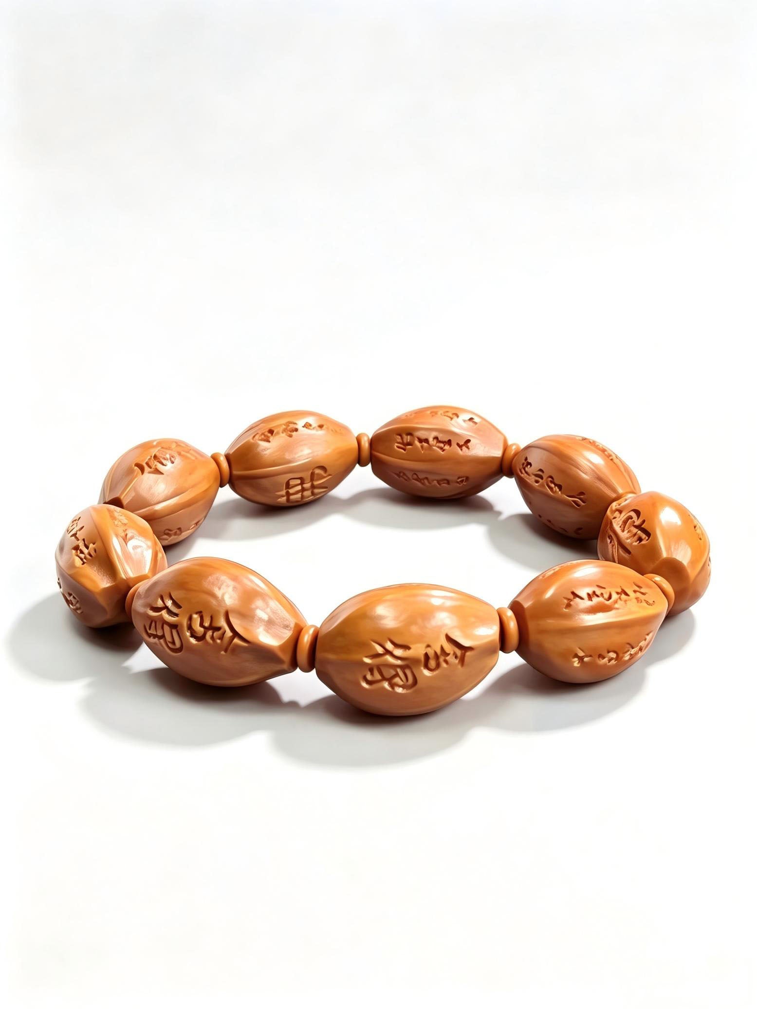 Carved olive pit “She De” calligraphy bracelet with 15.5mm beads, featuring intricate olive pit carvings and natural bead details.