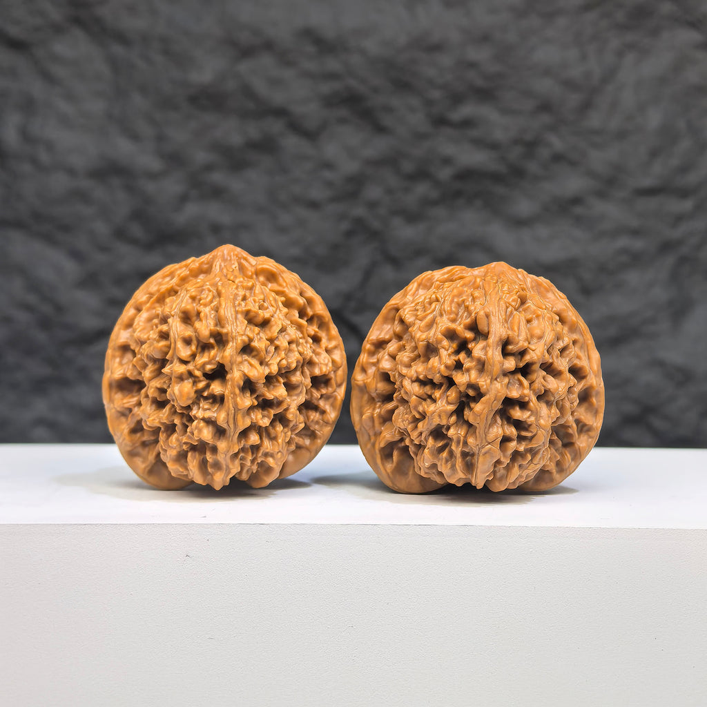Pair of Babys Breath Wenwan Walnuts with full star patterns, 38mm x 37mm, from Wenwan Art, showcasing intricate carved designs.