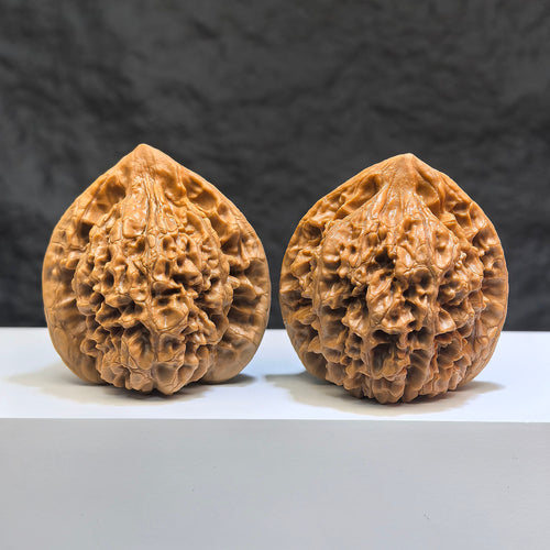 Pair of Classic Scholar Wenwan Walnuts by Wenwan Art, hand-matched with 桃心凹底麒麟紋, 47mm x 43mm, detailed natural wood grain