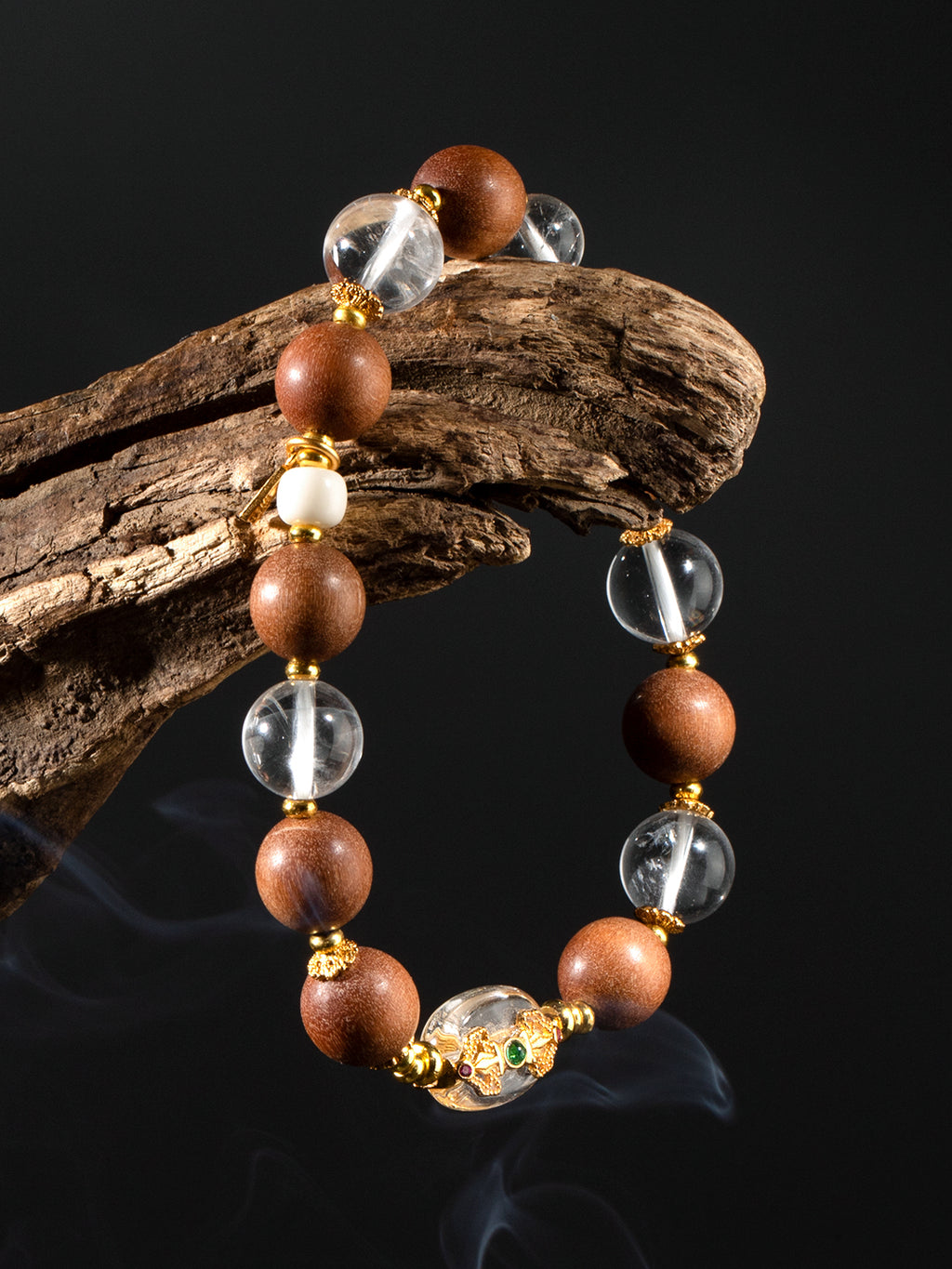 Beads and blessing sandalwood and clear quartz Vajra bracelet with 10mm round beads, natural wood and crystal for spiritual harmony.
