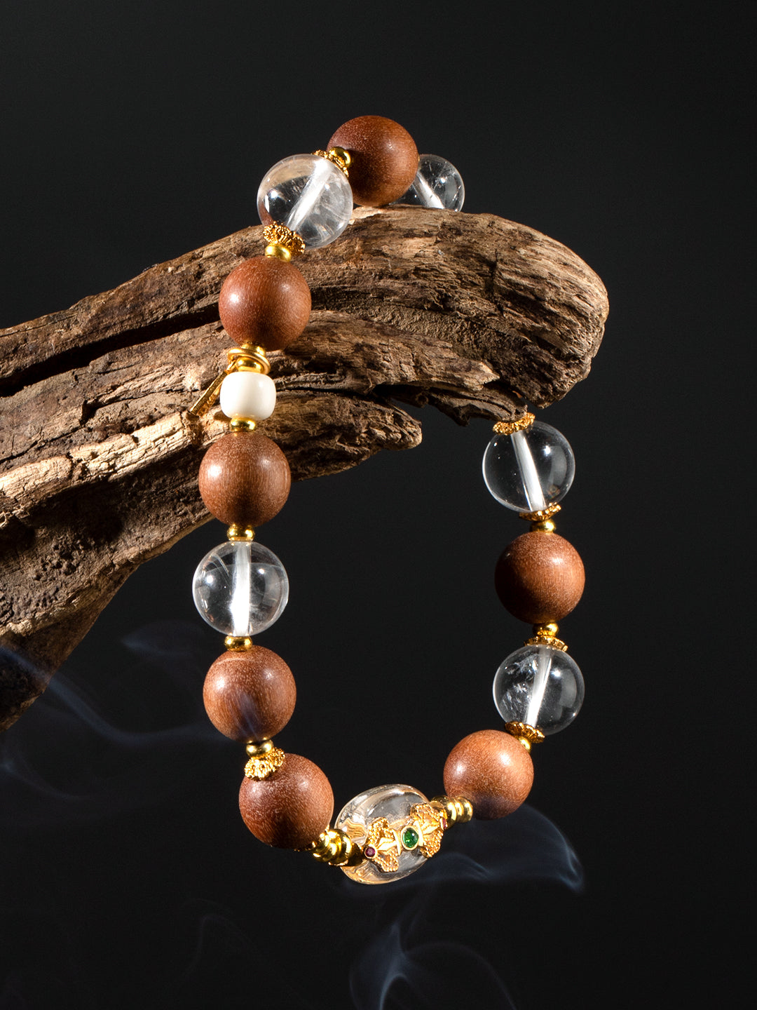 Beads and blessing sandalwood and clear quartz Vajra bracelet with 10mm round beads, natural wood and crystal for spiritual harmony.