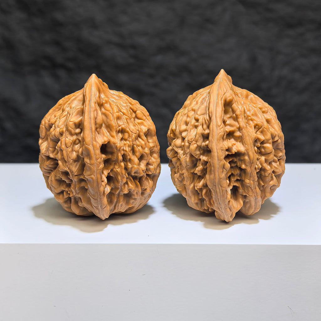 Wenwan Art Wheat Ear Tiger Head Classic Wenwan Walnut pair, 38mm x 36mm, detailed carved wood jewelry or ornament piece.