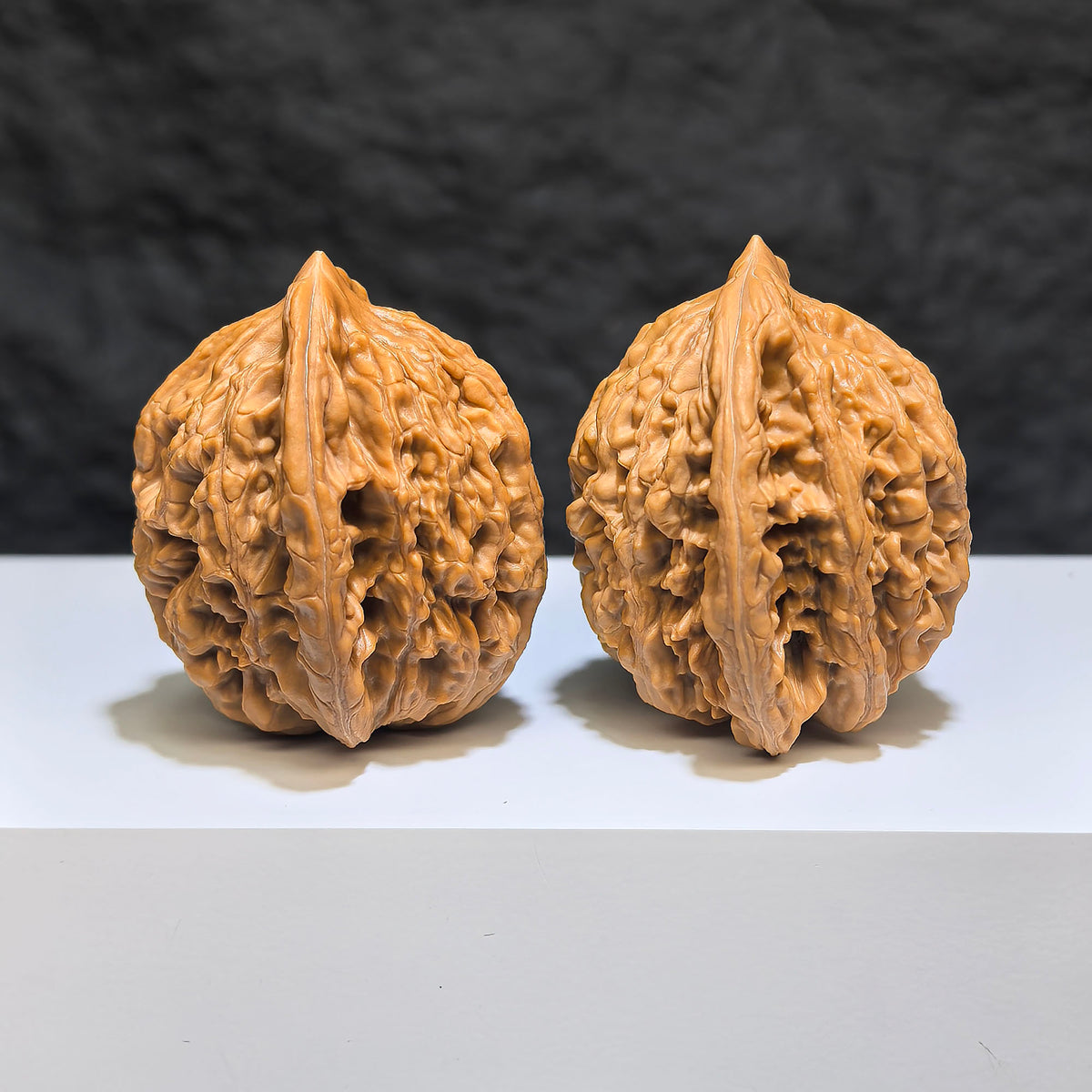 Wenwan Art Wheat Ear Tiger Head Classic Wenwan Walnut pair, 38mm x 36mm, detailed carved wood jewelry or ornament piece.