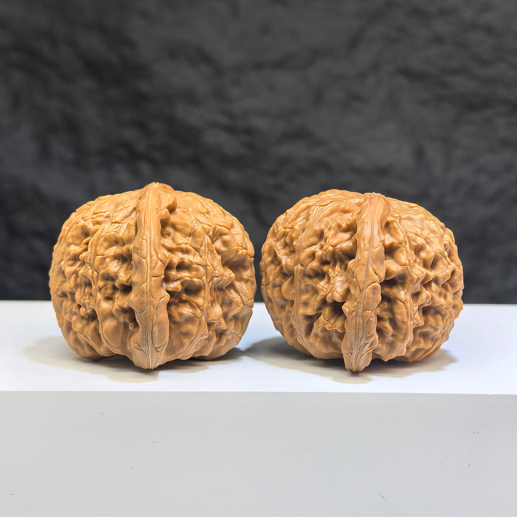 White Lion Wenwan Walnut pair by Wenwan Art, 42mm x 41mm, showcasing detailed carved white lion figures on smooth walnuts.