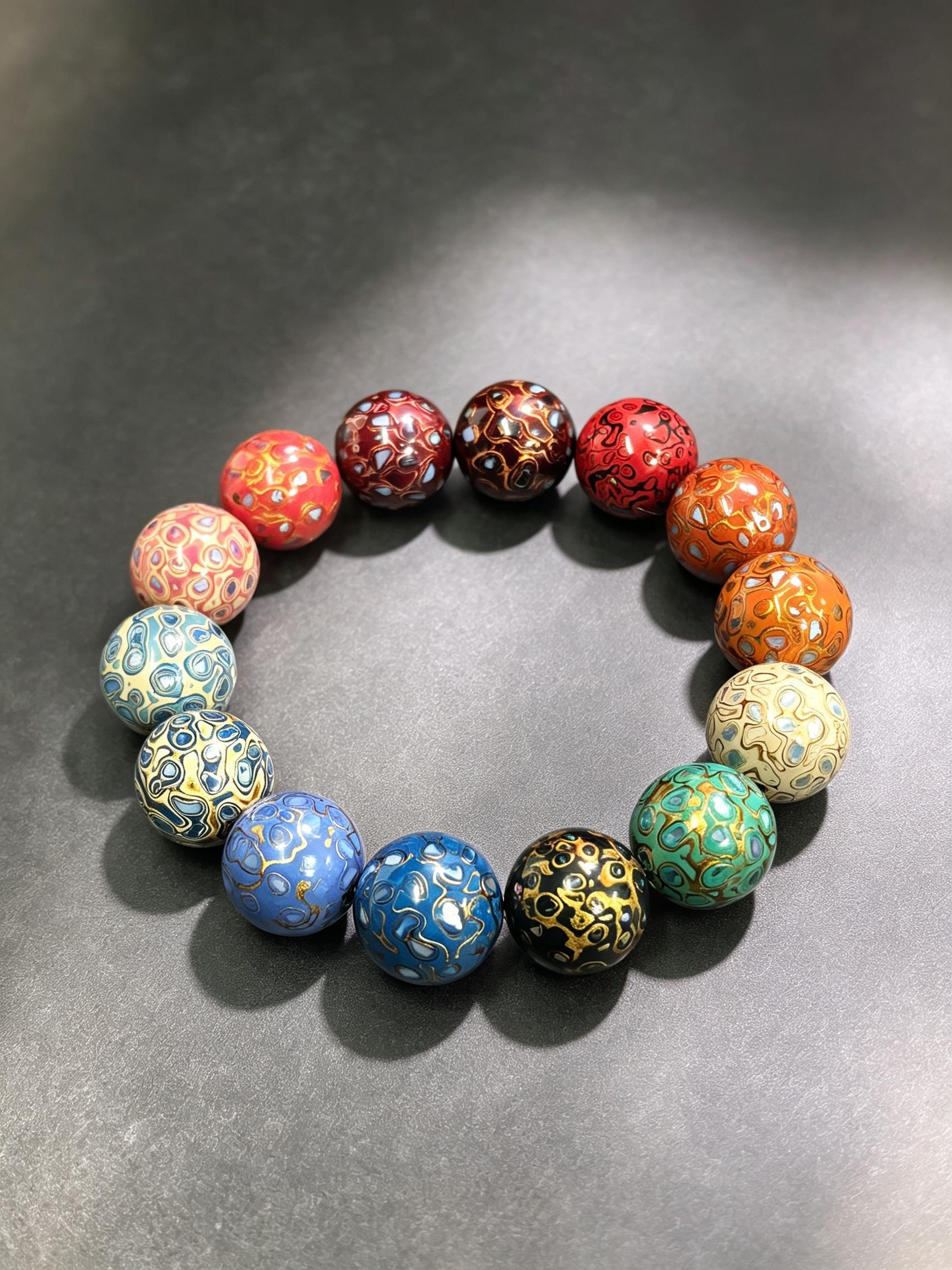 Chinese Urushi lacquer multi-color treasure bracelet with 15mm beads from ZenWenwan, featuring vibrant colors and detailed craftsmanship.