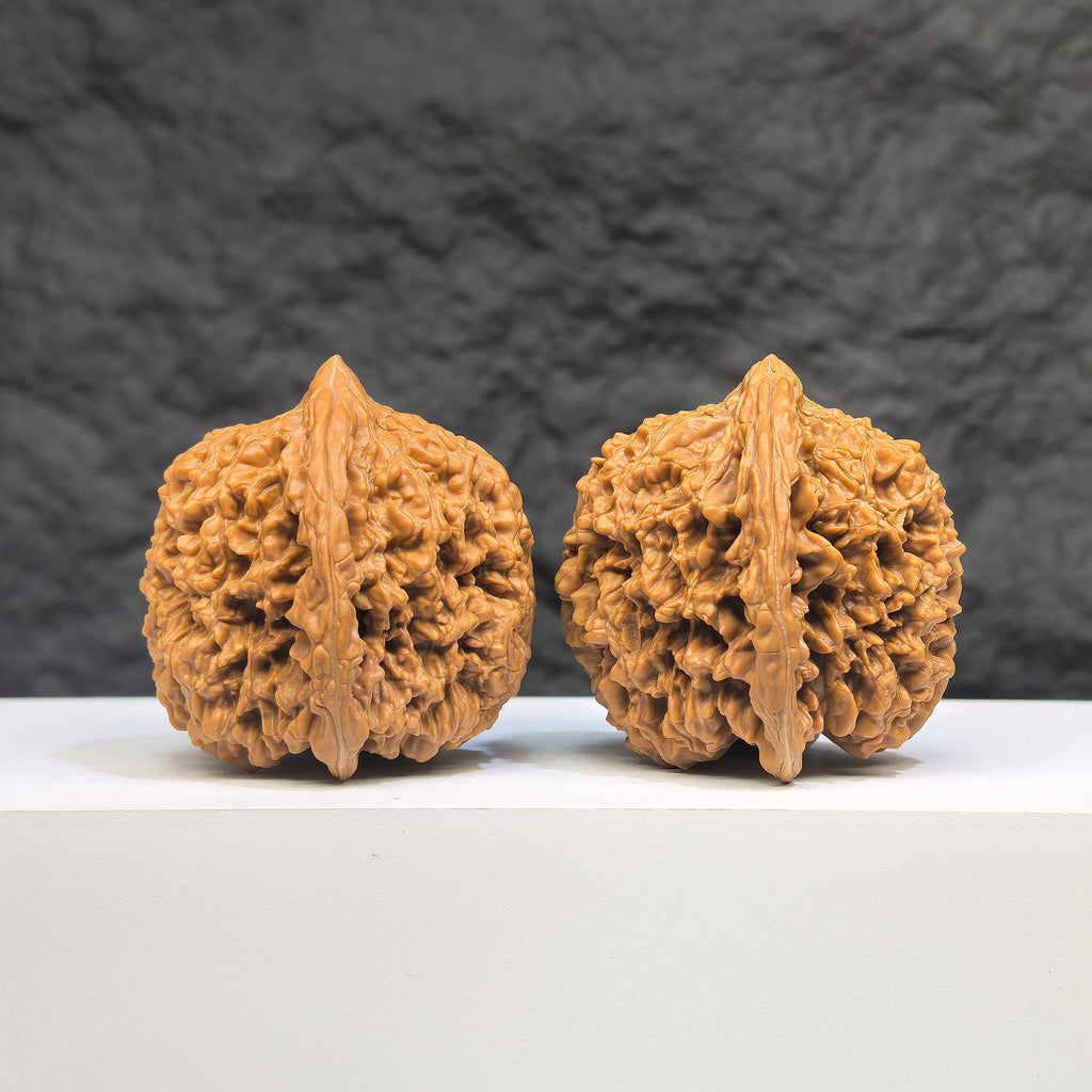 Pair of Peach Heart Concave Base Wenwan Walnuts with full star pattern, 40mm x 42mm, featuring deep base design by Wenwan Art.