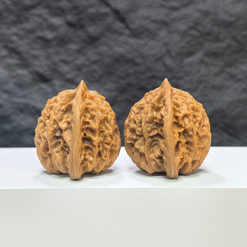 Pair of Peach Heart Concave Base Wenwan Walnuts from Wenwan Art, featuring deep bases and natural walnut textures, 39mm x 37mm.
