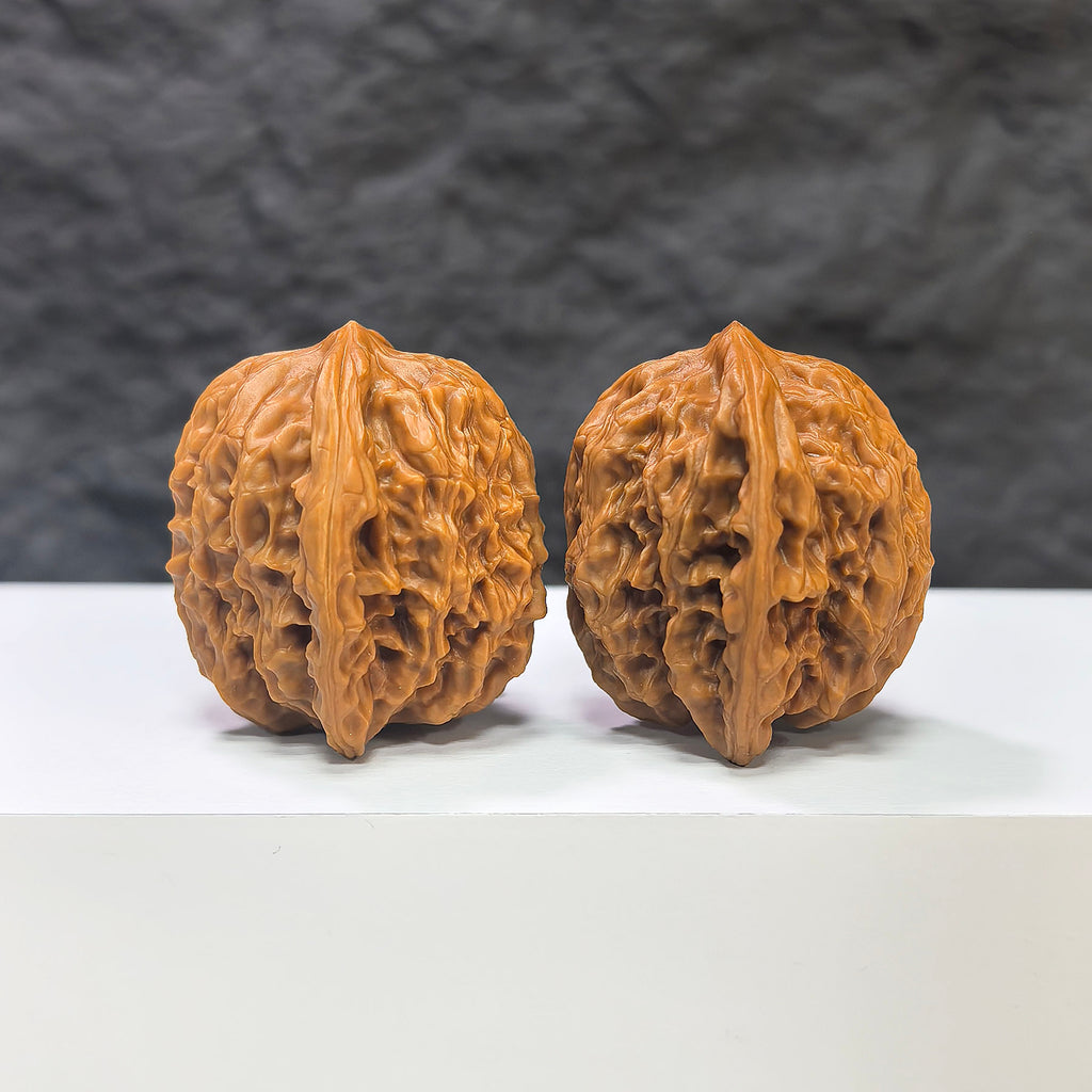 Wuling Mountain Pocket Wenwan Walnut pair by Wenwan Art, miniature 35mm x 32mm, intricately carved Wenwan walnut carvings.