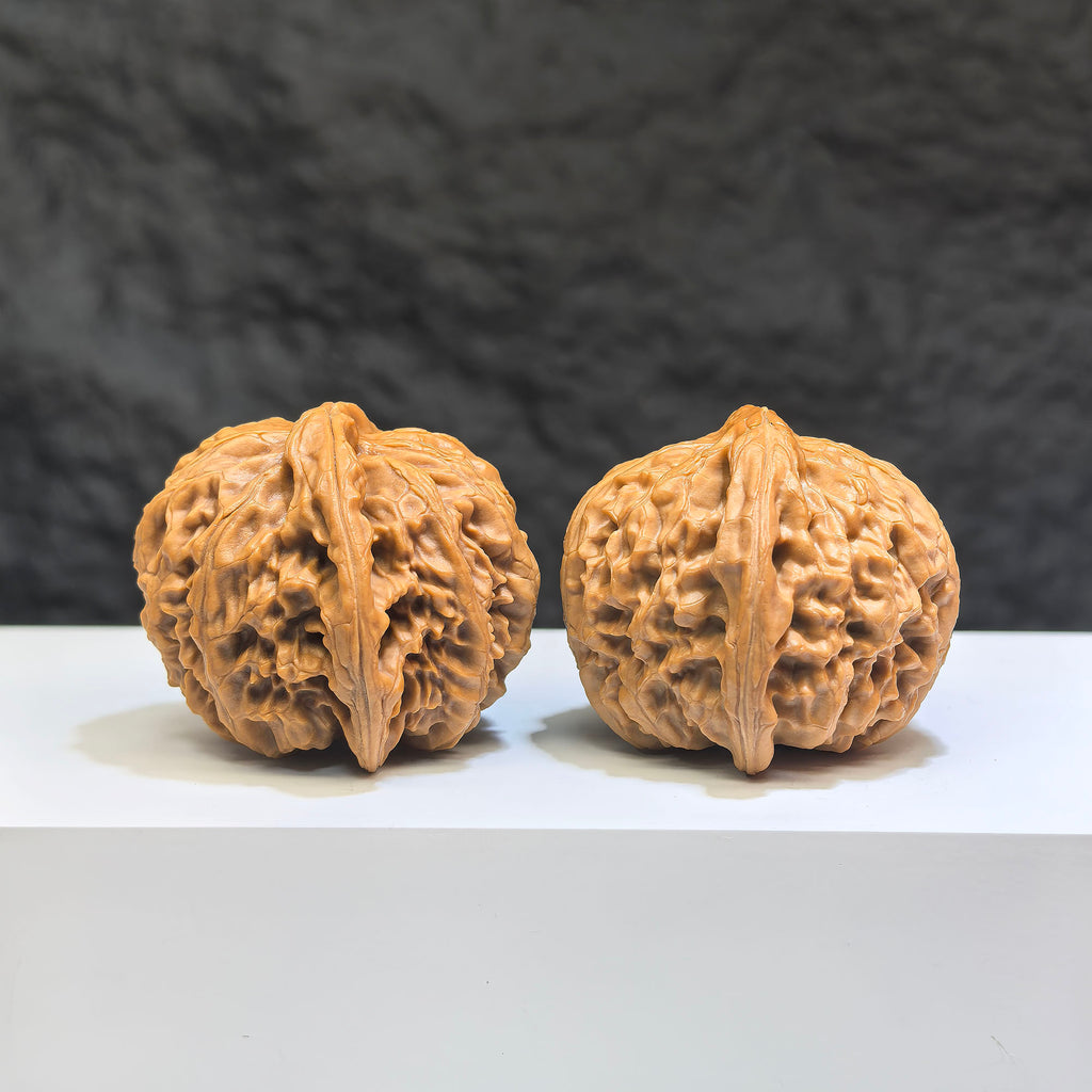 Pair of Classic Scholar Wenwan Walnuts by Wenwan Art, hand-matched, spherical shape, 41mm x 38mm, featuring 球形宮燈 design.