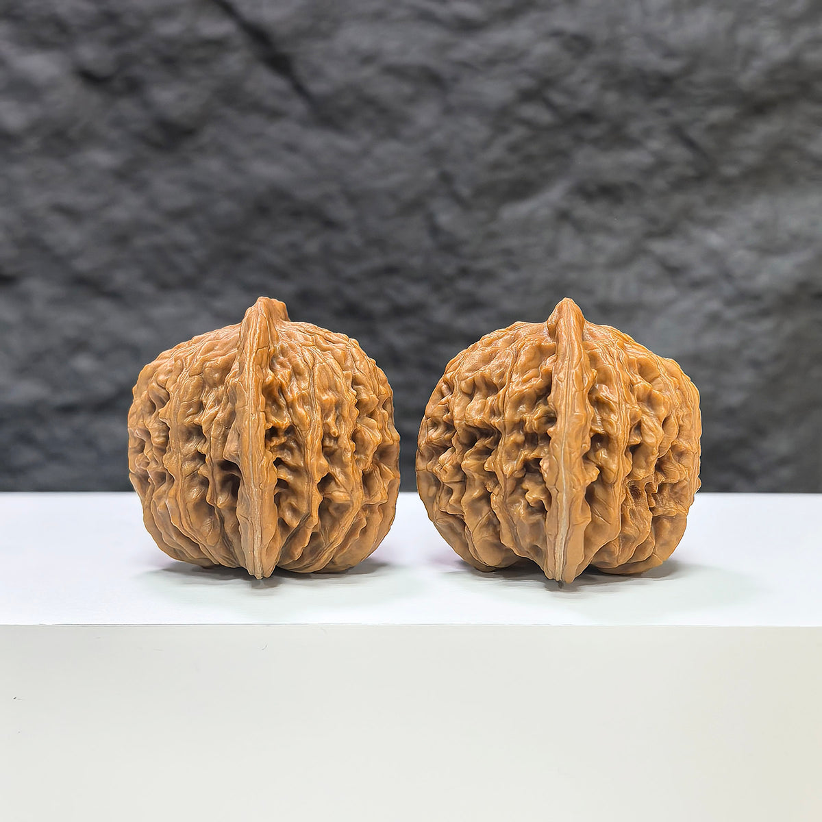 Wenwan Art Sizuolou Classic Wenwan Walnut pair, 39mm x 37mm, with detailed natural wood grain and smooth polished surface.