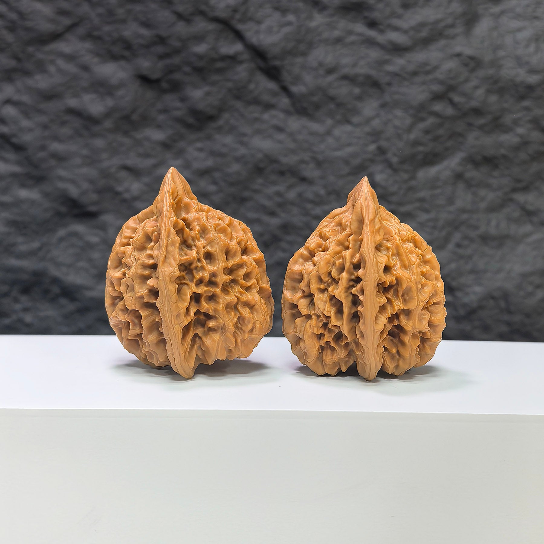 Official Wenwan Art classic walnut pair, 官帽 style, 39mm x 36mm, featuring detailed carved designs on natural walnut surfaces.