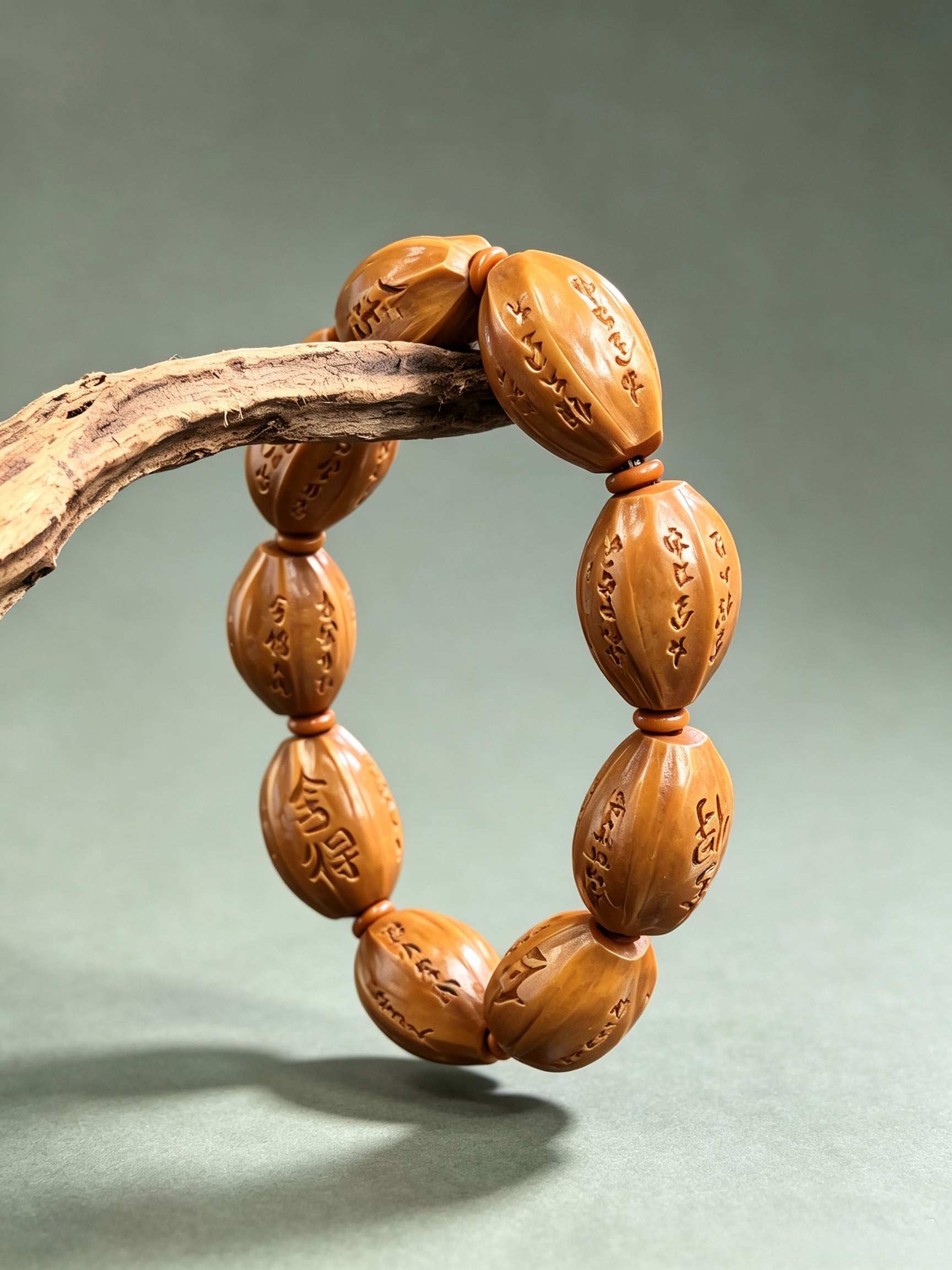 Carved olive pit "She De" calligraphy bracelet beads from ZenWenwan, featuring 15.5mm olive pit beads with traditional engraved design.