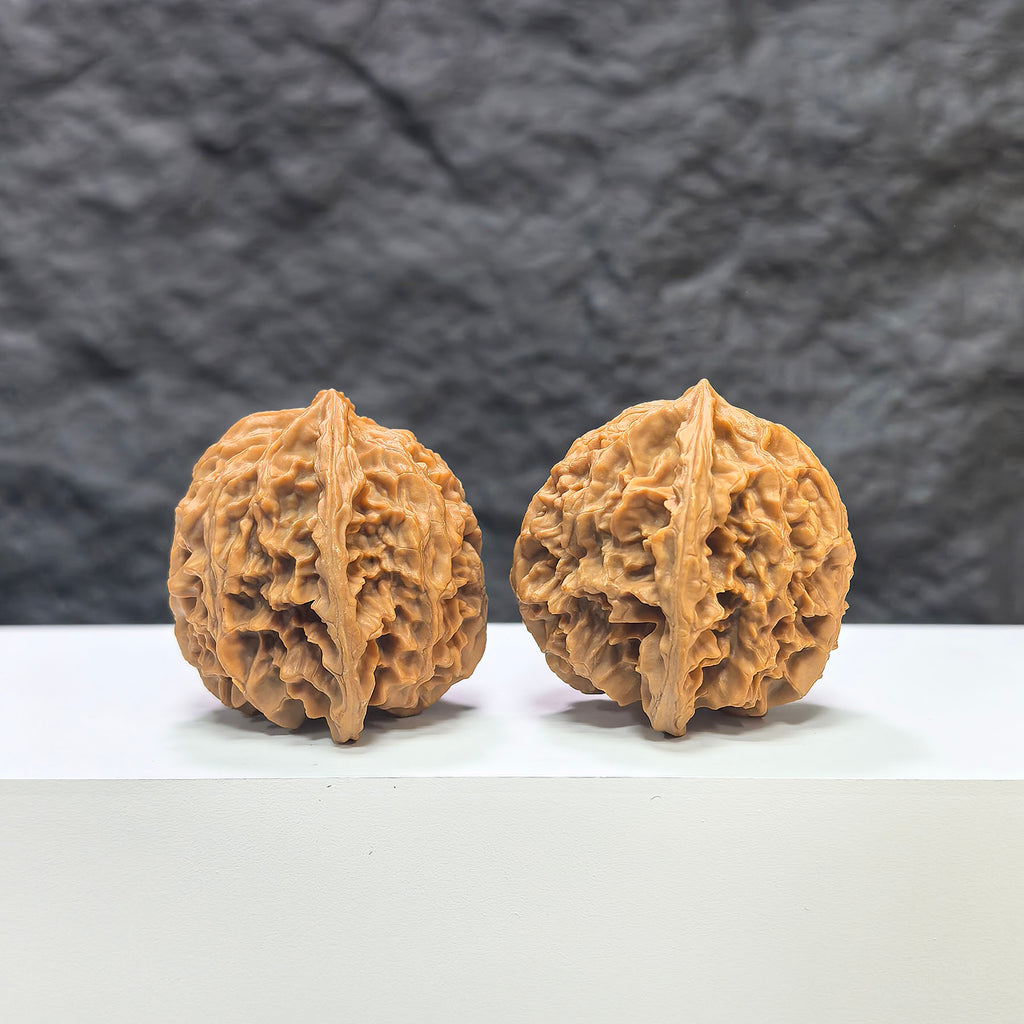 Pair of Wenwan Art Apple Garden Peach Heart Concave Base Walnut, deep-base Wenwan walnuts, 40mm x 37mm, natural wood finish.