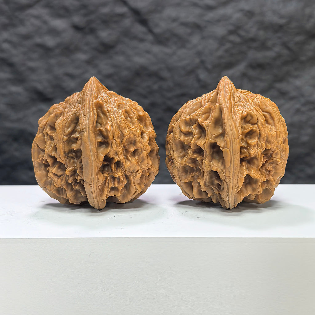 Pair of Dazhan Stone Wenwan walnuts from Wenwan Art, 43mm x 45mm, showcasing smooth, polished walnut carvings with intricate details.