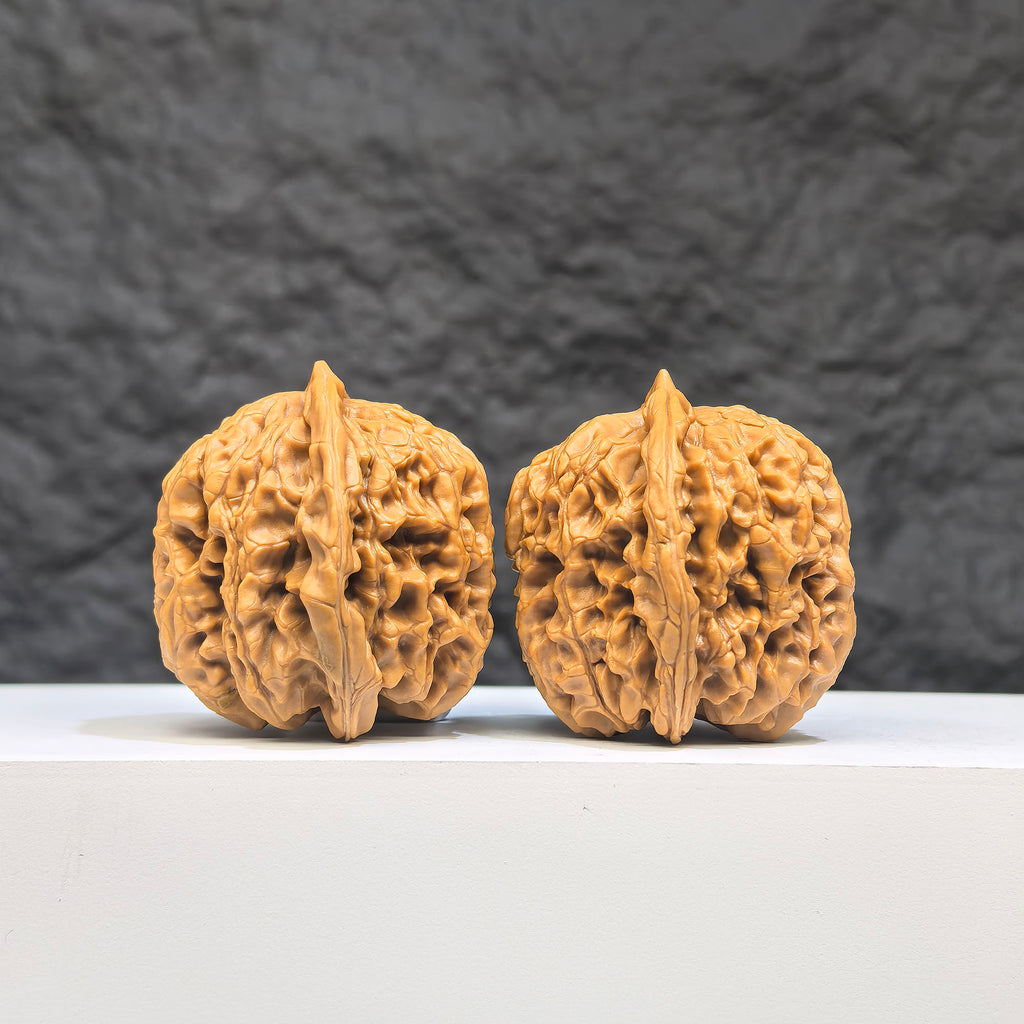 Pair of Wenwan Art Hundred Beasts Lion Head Wenwan walnuts featuring detailed lion head carvings, measuring 38mm by 36mm.