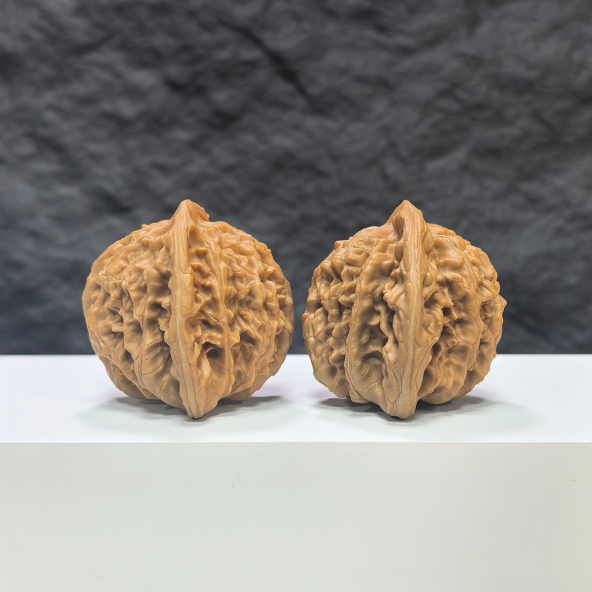 Pair of Peach Heart Concave Base Wenwan Walnuts by Wenwan Art, 44mm x 42mm, showcasing smooth deep-base walnut with peach heart shape.