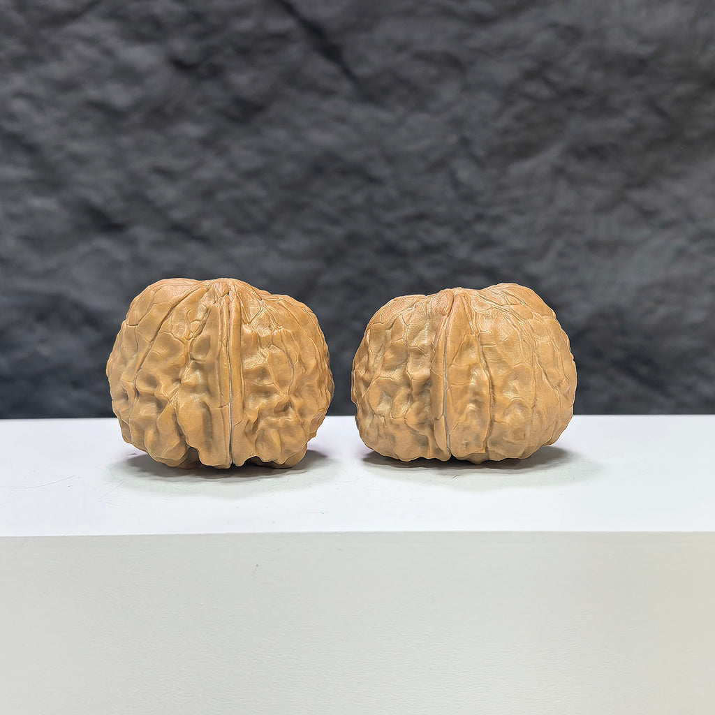 Golden Toad Vessel Pocket miniature Wenwan walnut pair by Wenwan Art, featuring detailed toad design, 34mm x 37mm size.
