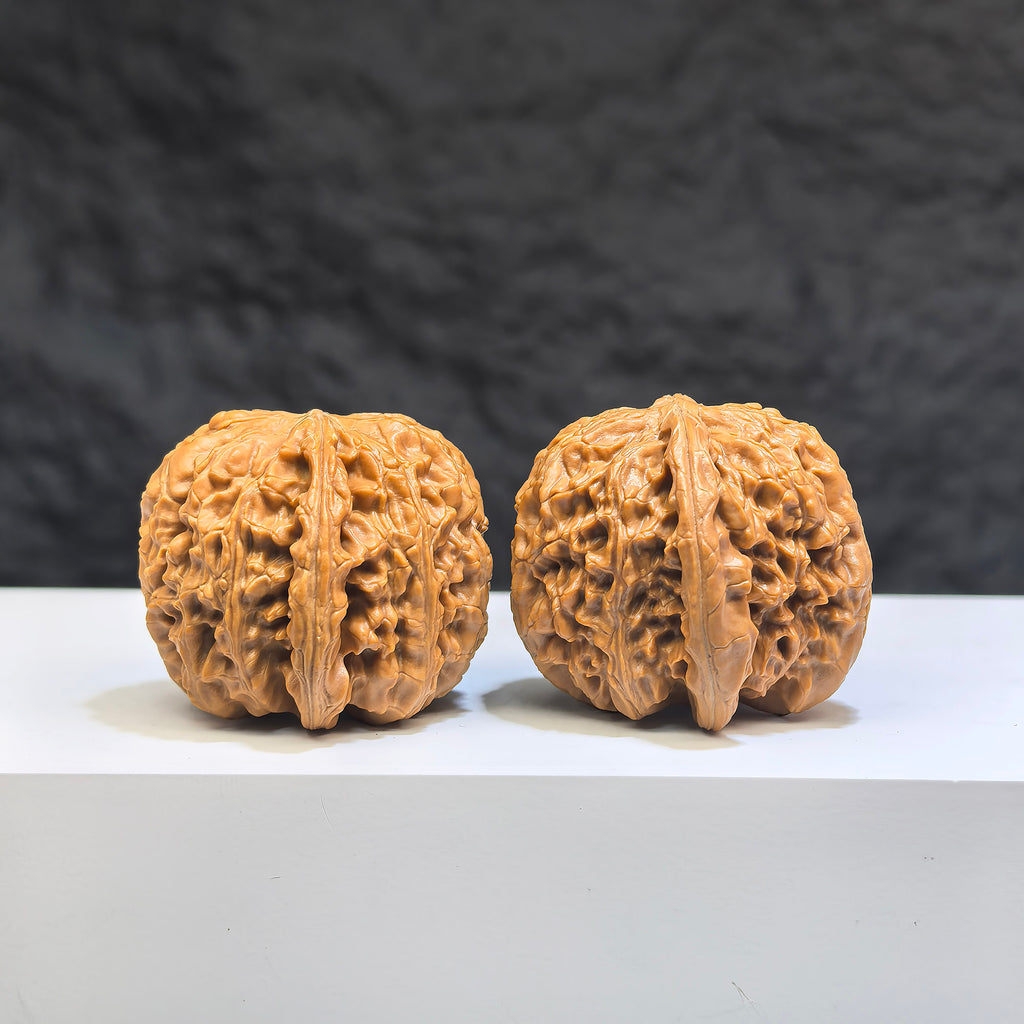 Miniature Wenwan Walnut pair featuring white lion carvings, crafted by Wenwan Art, measuring 32x34mm in size.