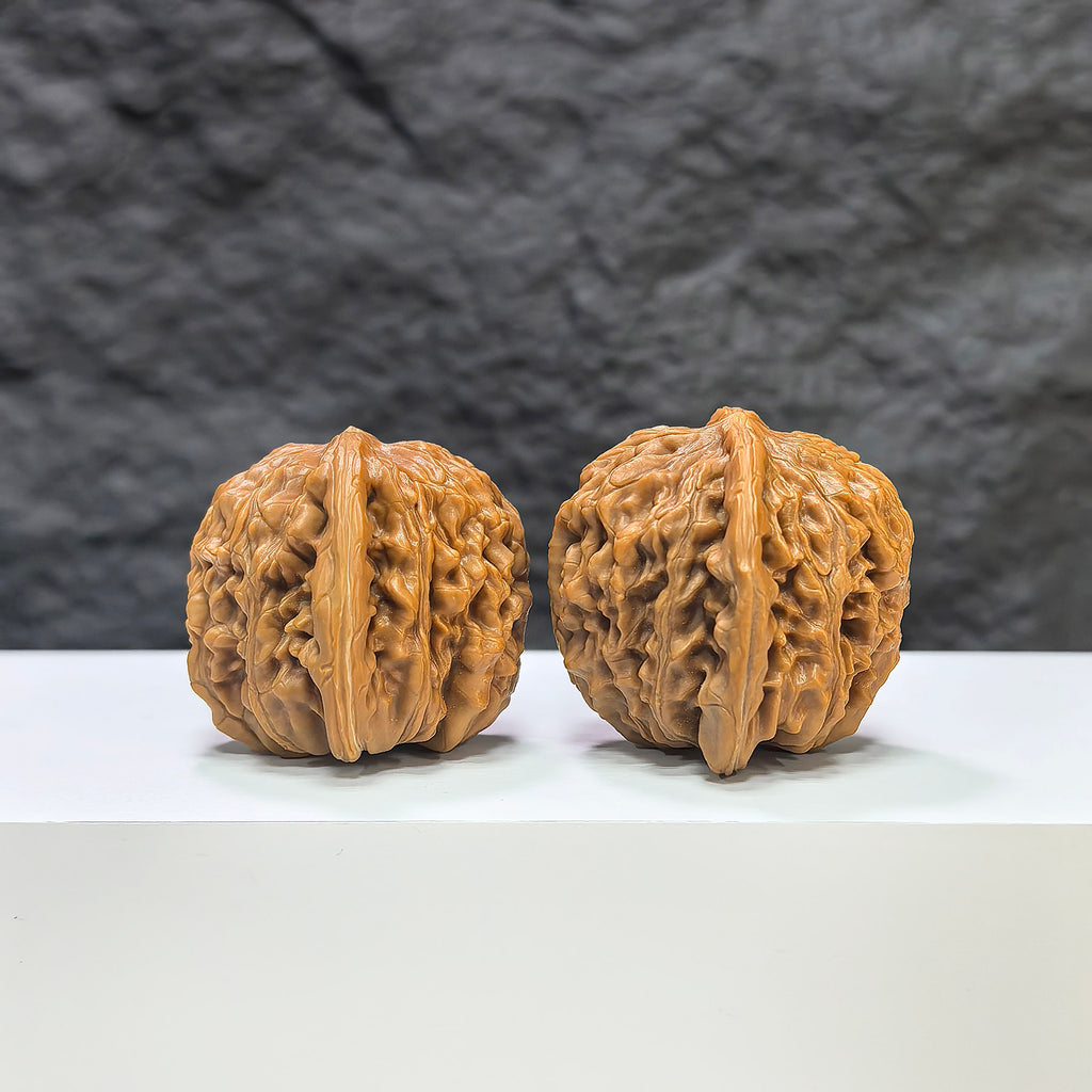 Pair of Sizuolou Wenwan Walnuts from Wenwan Art, 41mm x 37mm, showcasing intricate natural walnut carvings and rich texture.