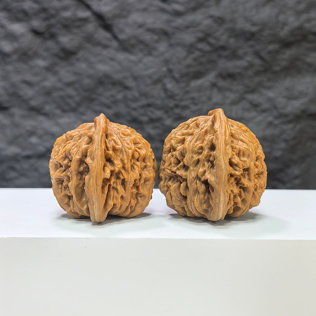 Wenwan Art Sizuolou Classic Wenwan Walnut pair, 41mm x 38mm, natural wood with intricate grain details, traditional Chinese craftsmanship