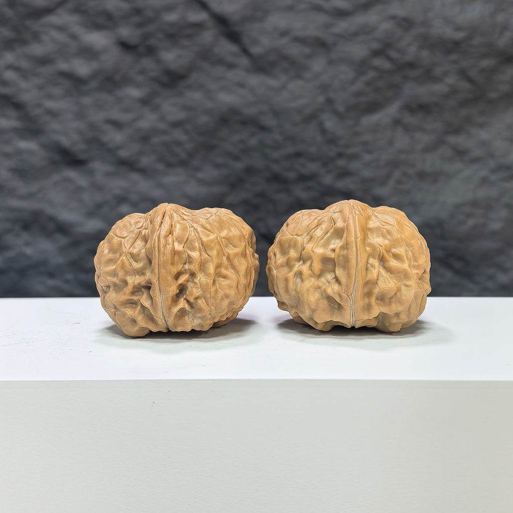 Golden Toad Vessel Wenwan Walnut pair by Wenwan Art, 35mm x 38mm, featuring detailed carved toad and vessel designs.