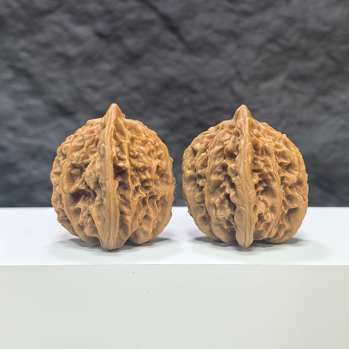 Pair of Xiayunling Peach Heart Concave Base Wenwan walnuts by Wenwan Art, 41mm x 40mm, showcasing deep-base walnut design.