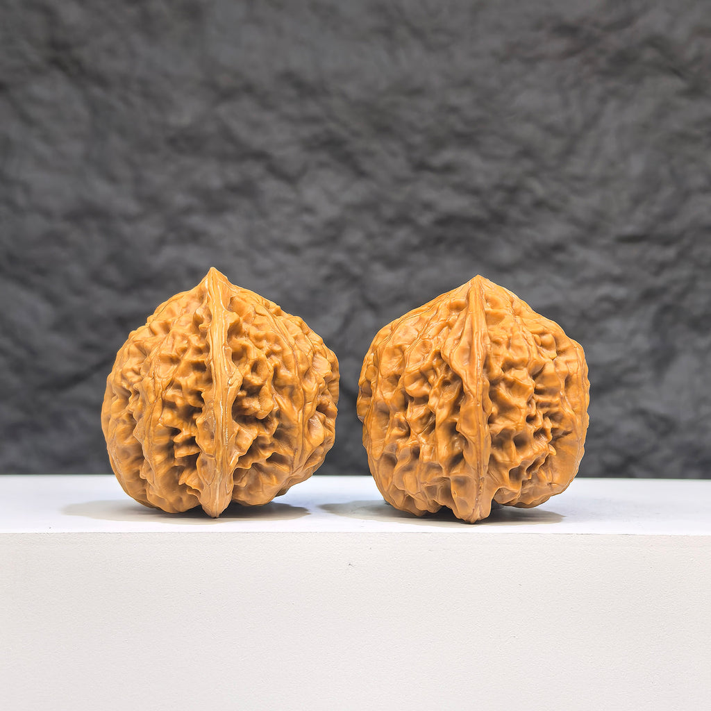 Pair of Golden Taurus Wenwan Walnuts by Wenwan Art, 36mm x 35mm, featuring detailed natural walnut carvings.