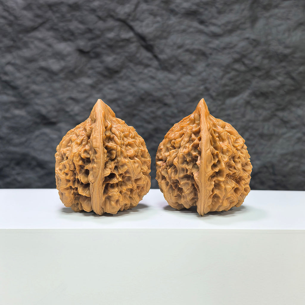 Pair of large Wenwan Art official Wenwan walnuts, 45mm x 41mm, with smooth, polished surfaces and detailed natural wood grain.