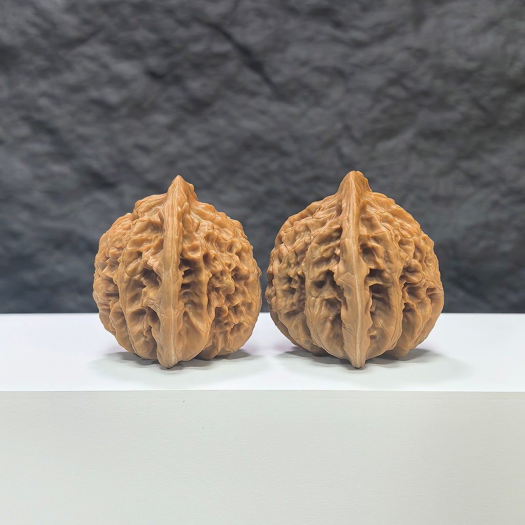 Pair of Xiayunling Classic Wenwan walnuts from Wenwan Art, featuring smooth brown surfaces and intricate natural patterns.