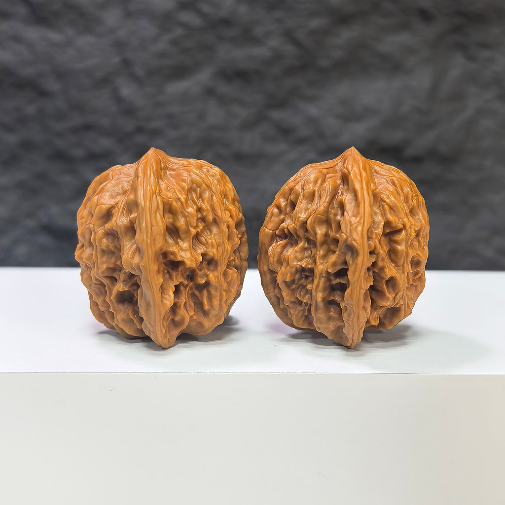Wuling Mountain Pocket Wenwan Walnut pair by Wenwan Art, miniature 35mm x 32mm, showcasing detailed natural walnut carvings.