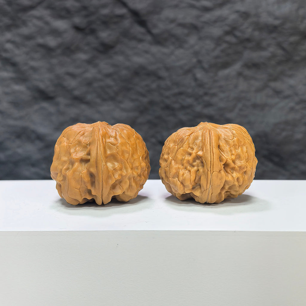 Golden Toad Vessel and Heaven Devouring Beast Wenwan Walnut pair, 36-37mm, crafted by Wenwan Art, featuring intricate carvings.