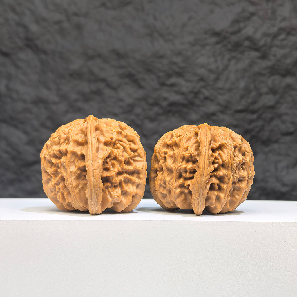 Pair of spherical white lion Wenwan walnuts from Wenwan Art, 41mm round-profile walnuts with detailed white lion carvings.