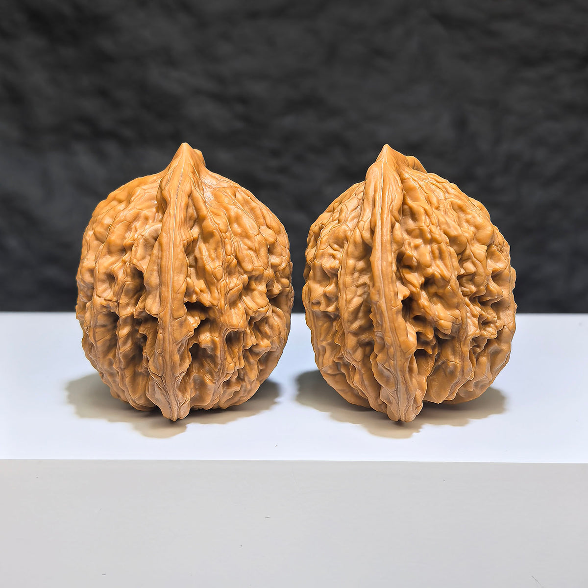 Wenwan Art wheat ear tiger head classic Wenwan walnut pair showing detailed tiger head design, 38mm x 36mm, natural wood finish.