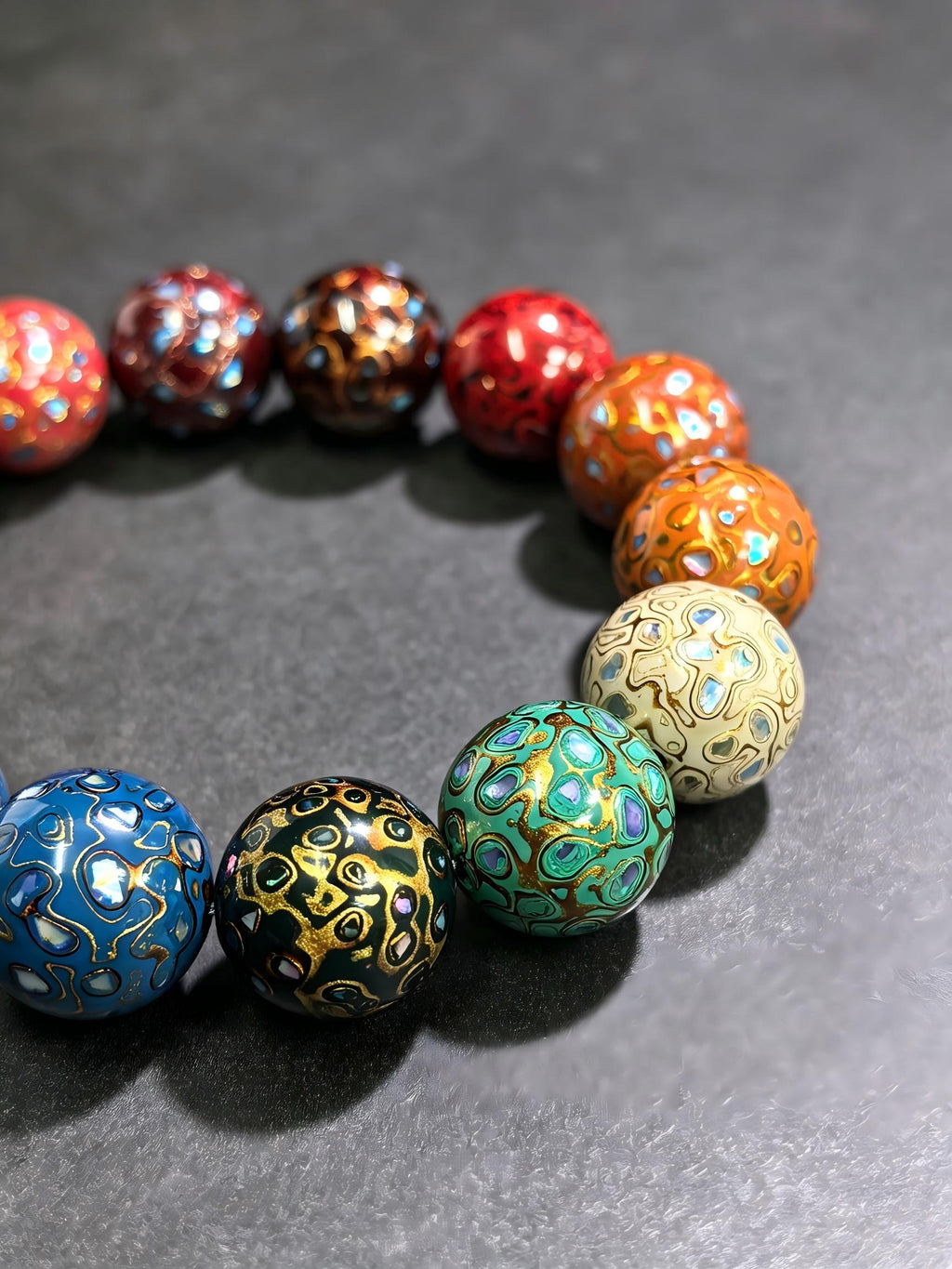 Chinese Urushi lacquer multi-color treasure bracelet with 15mm beads, featuring intricate beadwork and vibrant hues.