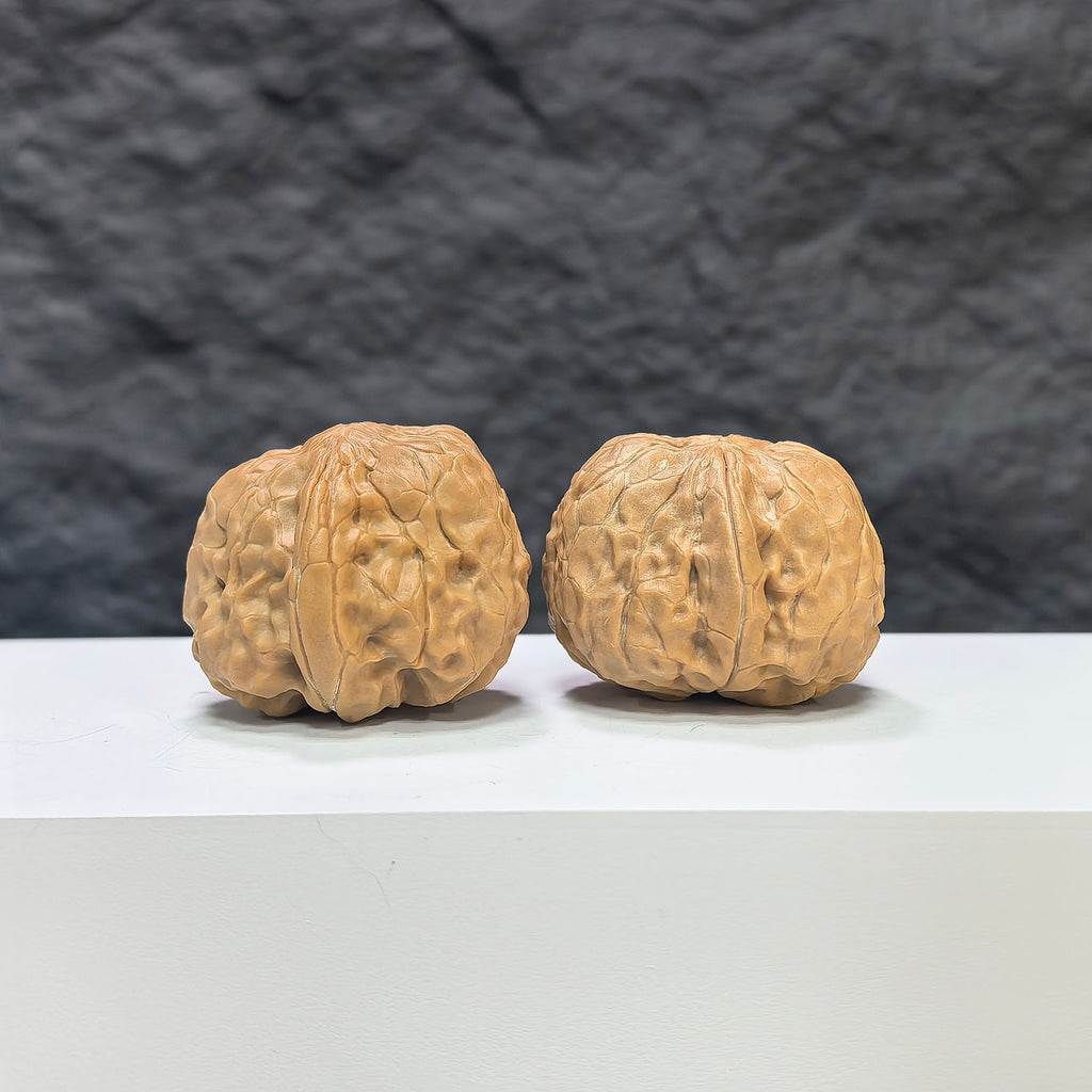 Pair of Golden Toad Vessel Pocket Wenwan walnuts, miniature Wenwan Art carvings, 34x37mm, detailed golden toad design.
