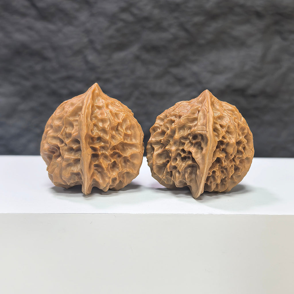 Pair of Pocket White Snake Valley Wenwan walnuts by Wenwan Art, 36mm miniature walnuts with intricate natural patterns.