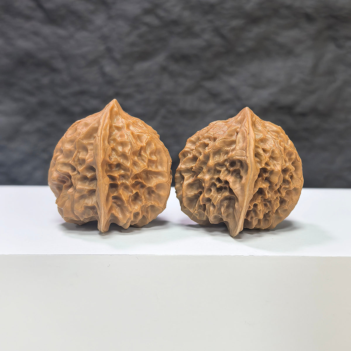 Pair of Pocket White Snake Valley Wenwan walnuts by Wenwan Art, 36mm miniature walnuts with intricate natural patterns.