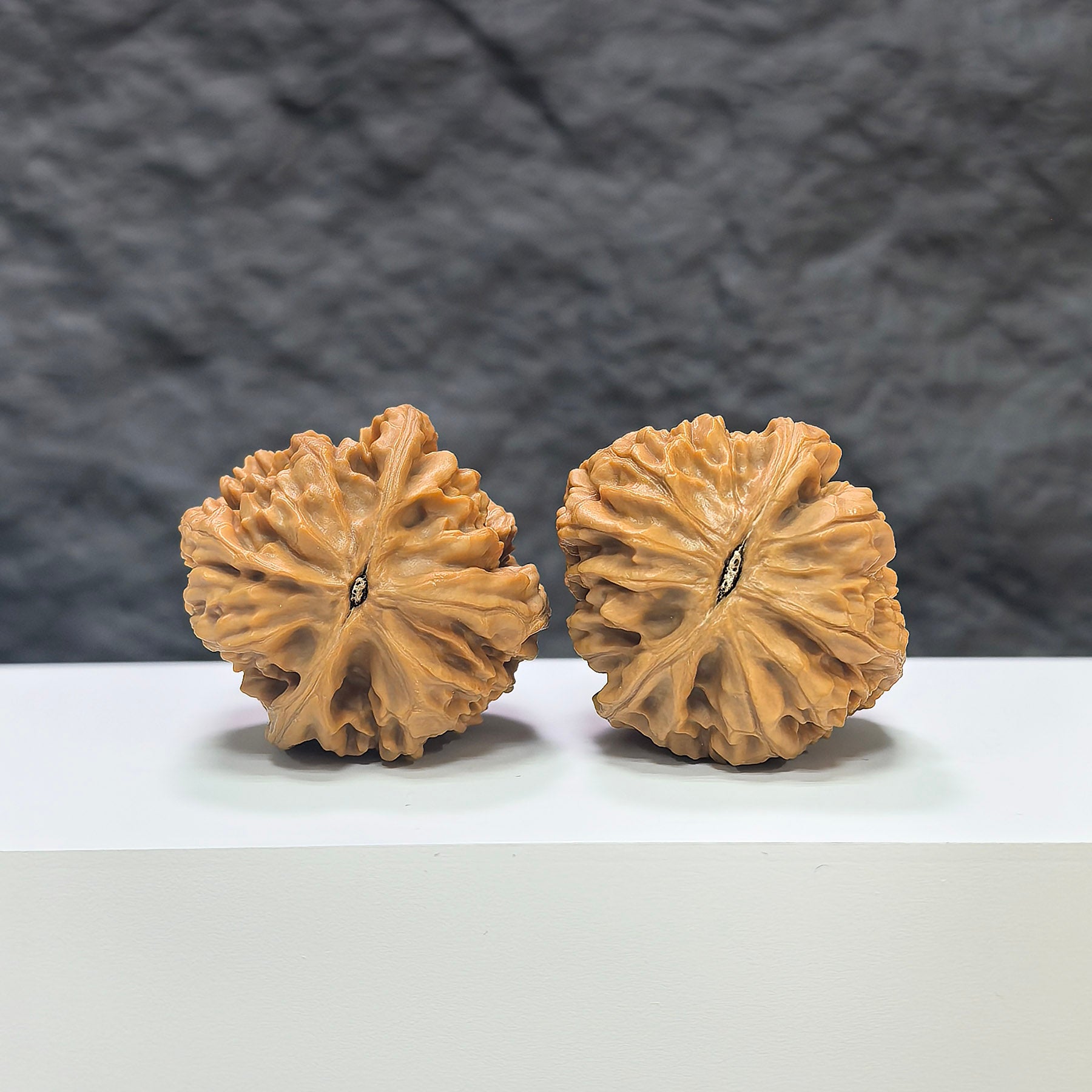 Pair of Beijing Chicken Heart Wenwan walnuts from Wenwan Art, measuring 37-38mm, with smooth, rounded walnut shells.