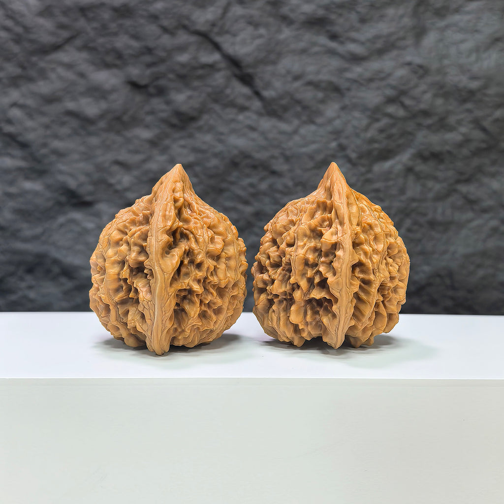 Pair of large Wenwan Art official large Wenwan walnuts, 45mm x 41mm, showcasing smooth, polished walnut surfaces with natural wood grain patterns.