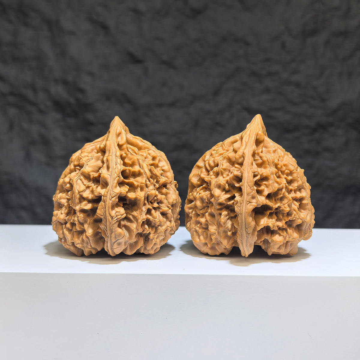 Pair of large Wenwan Art official hats-shaped Wenwan walnuts, 49mm x 46mm, premium quality walnut carvings.