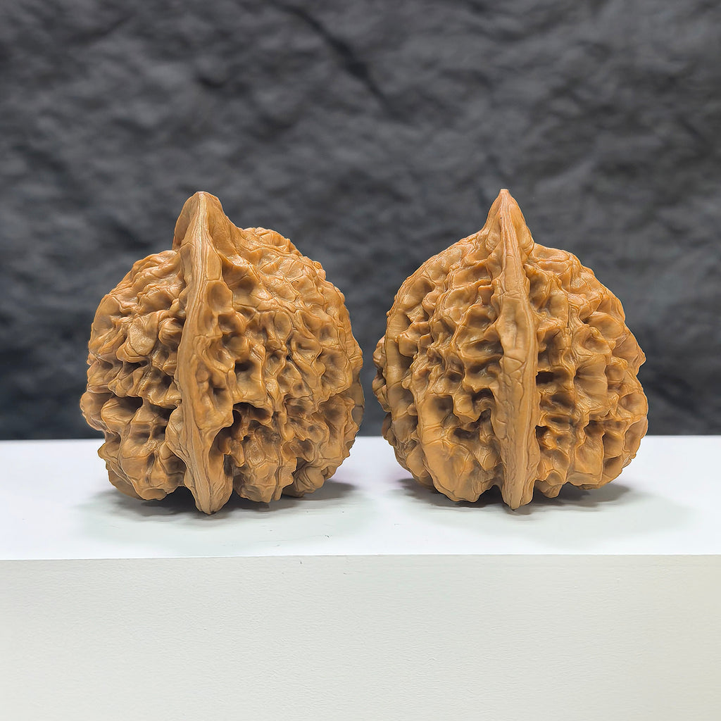 Large Wenwan Walnut pair by Wenwan Art, premium official hats, 47mm x 43mm, featuring detailed carvings on natural walnut surfaces.