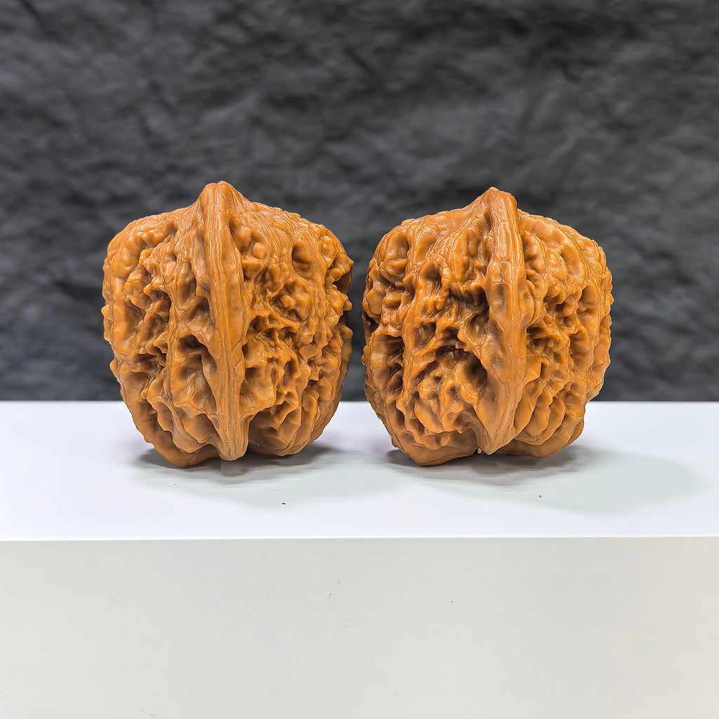 Pair of Pinggu Golden Hammer Wenwan walnuts from Wenwan Art, 39mm and 41mm, showcasing their smooth, polished walnut surfaces.