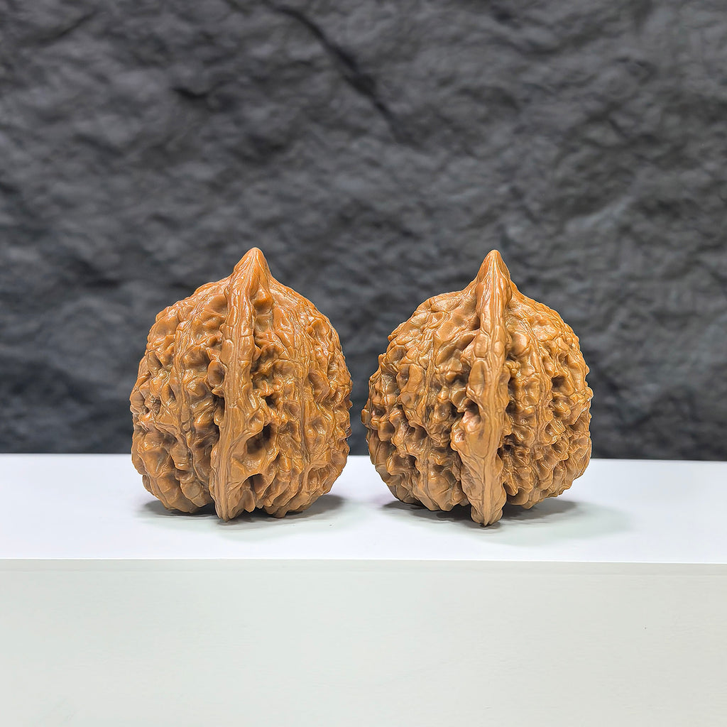 Pair of Kylin Texture Wenwan Walnuts from Wenwan Art, featuring detailed 麒麟紋 patterns, 40mm x 37mm size, natural wood texture.