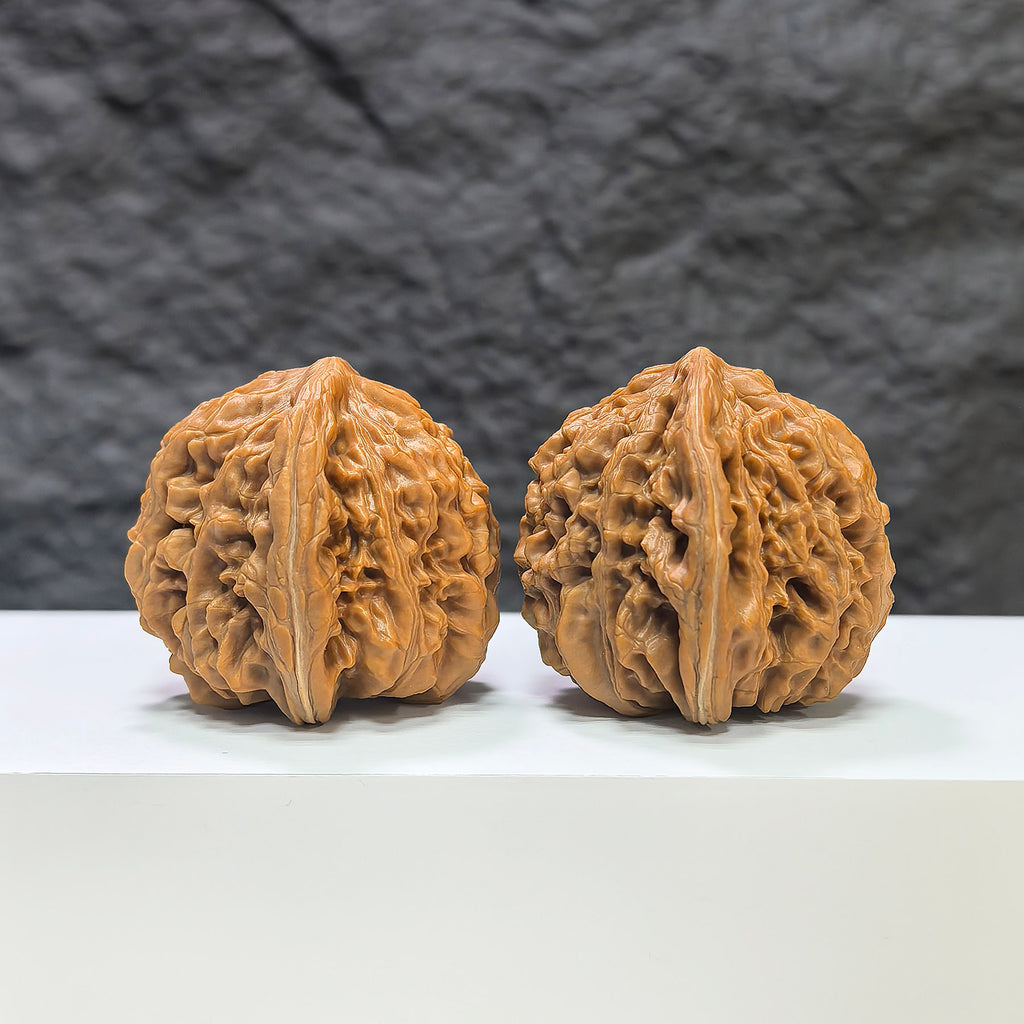 Wenwan Art Sizuolou Classic Wenwan Walnut pair, 42mm x 41mm, detailed carved walnut sculptures, traditional Chinese art collectible