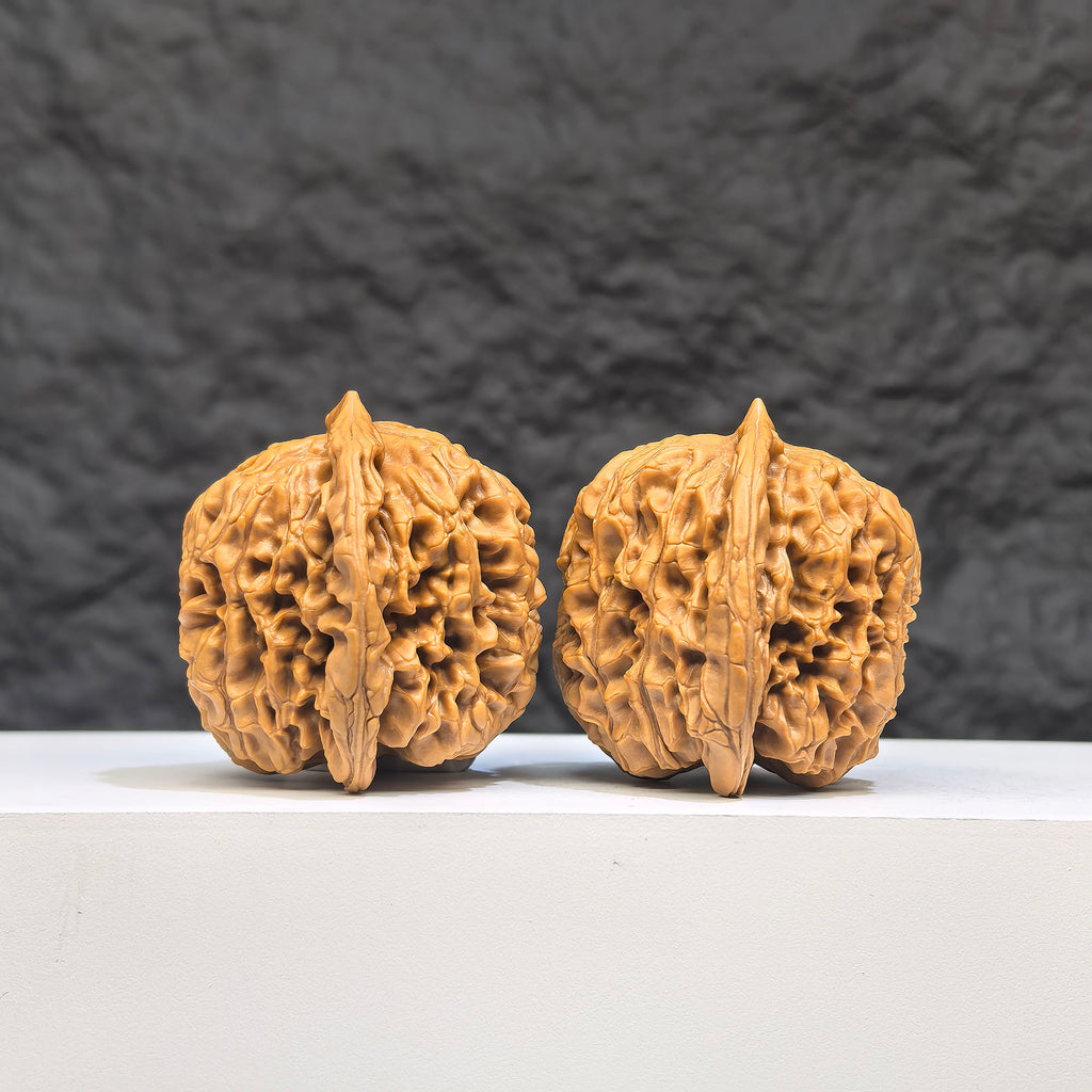 Pair of Wenwan Art Hundred Beasts Lion Head Walnut carvings, 38mm, detailed natural wood texture, traditional Chinese art.