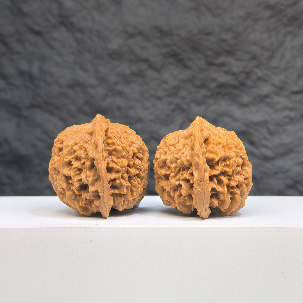 Pair of Babys Breath Full Stars Wenwan walnuts by Wenwan Art, 38mm x 37mm, featuring intricate star patterns on polished walnuts.