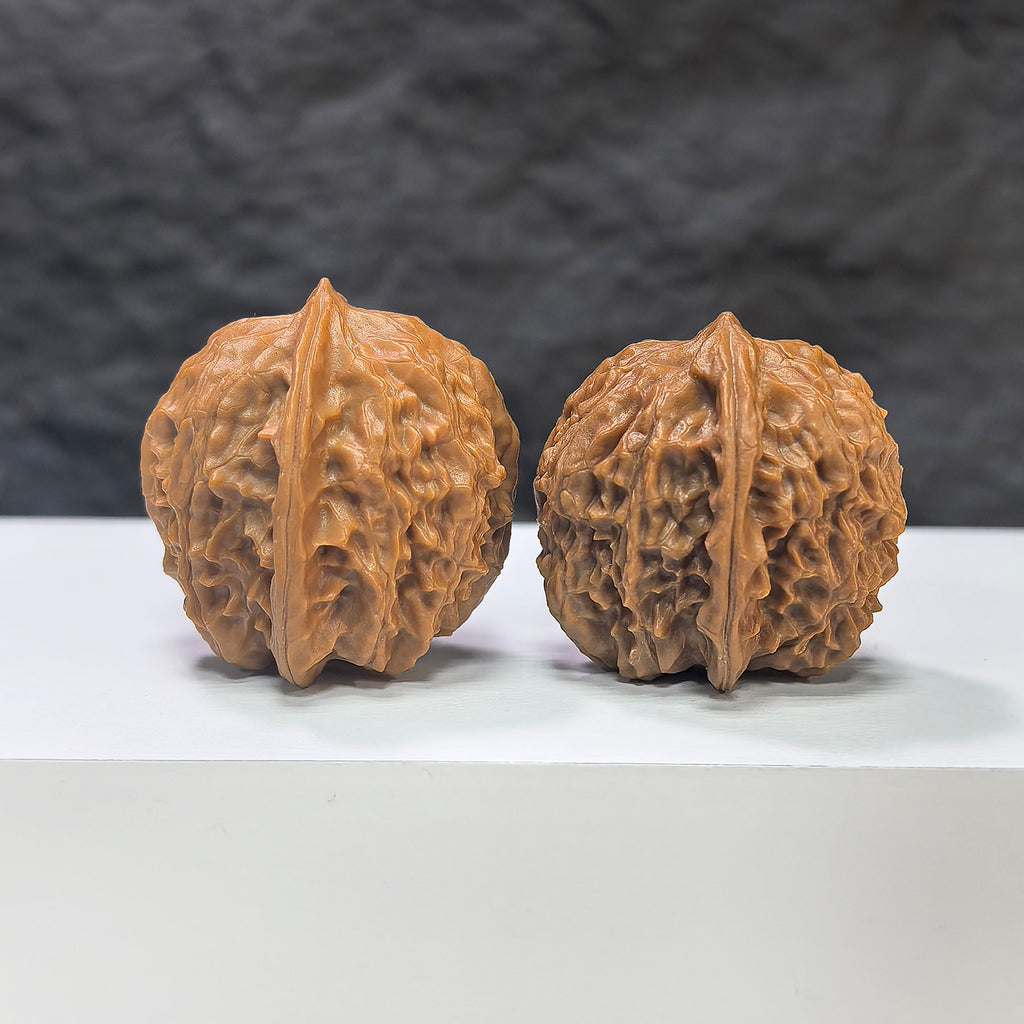 Pair of Wenwan Walnut miniatures with phoenix tail design, 30mm by 31mm, from Wenwan Art, showcasing detailed craftsmanship.