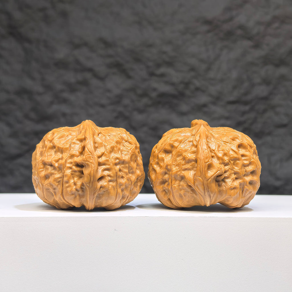 Pair of small pumpkin-shaped Wenwan walnuts from Wenwan Art, miniature size 38mm x 40mm, featuring detailed carvings.