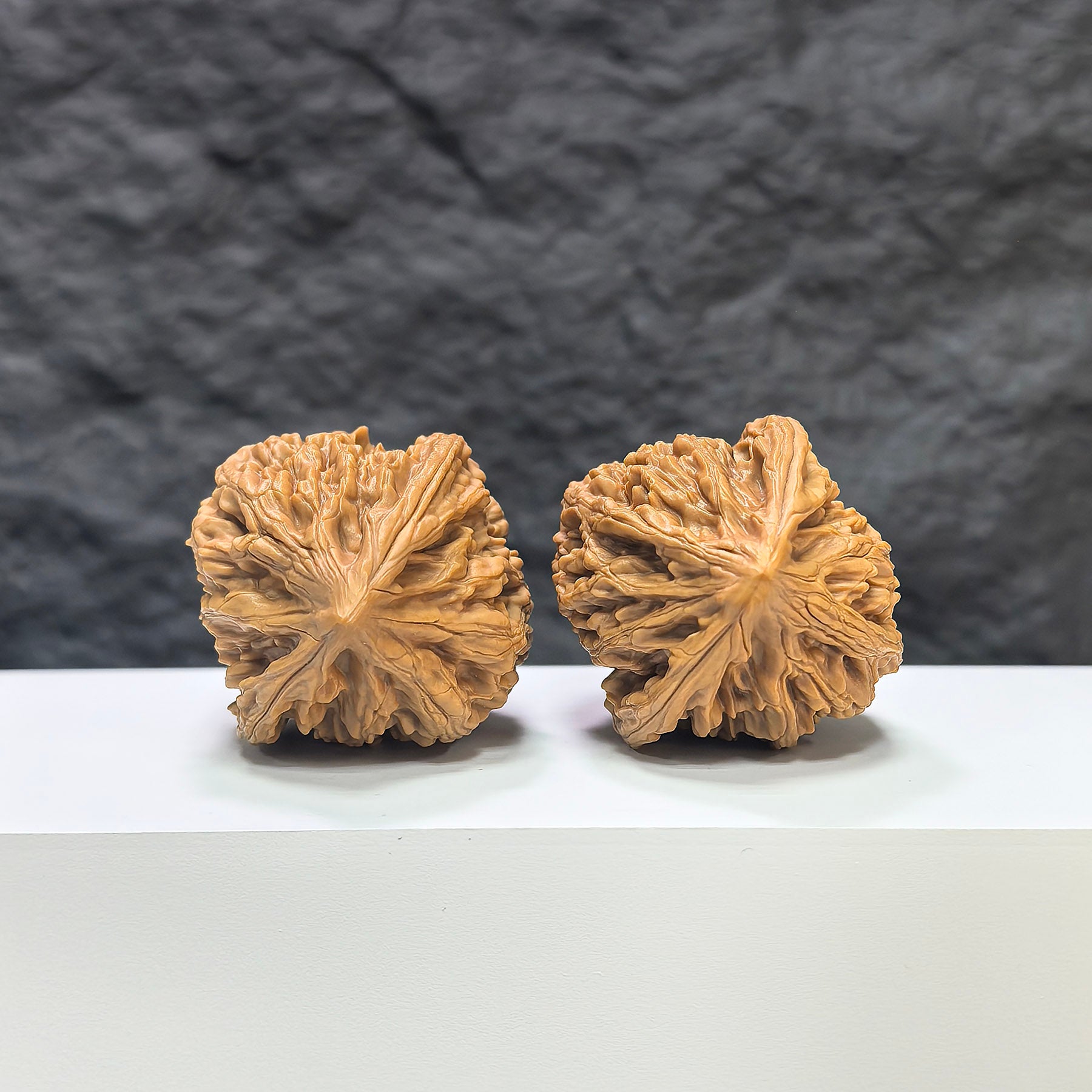 Pair of Beijing Chicken Heart Wenwan walnuts from Wenwan Art, 41mm size, showcasing smooth, rounded walnut shells with intricate patterns.