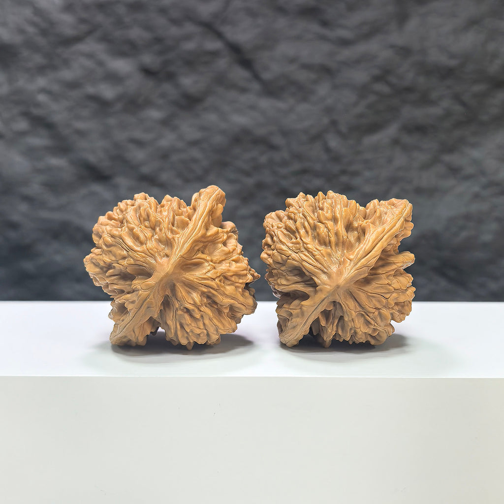 Pair of Peach Heart Concave Base Wenwan Walnuts by Wenwan Art, featuring deep-base design, 44mm x 42mm size, with natural walnut texture.